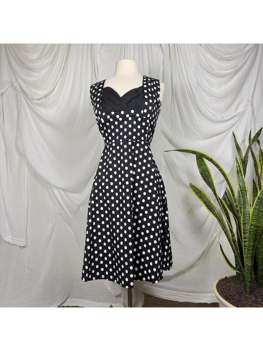 Vintage Preppy Pin-Up Black White Polka Dot Sleeveless Dress (L)